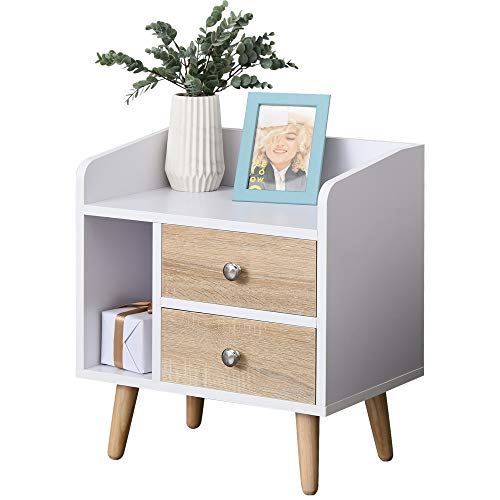 HOMCOM Compact Bedside Table Multifunctional Table with 2 Large Drawers and 1 Open Shelf Raised Pine Legs Nordic Design 43x30x49 cm White