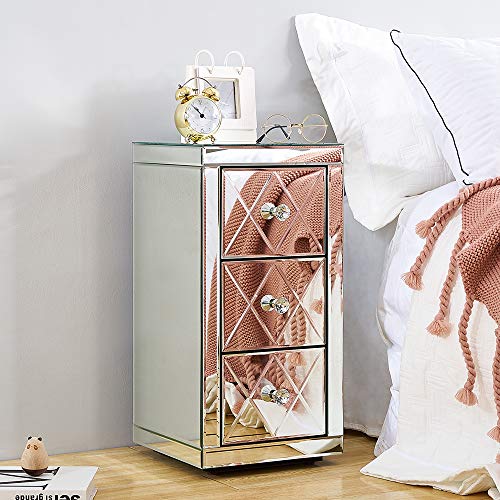 Panana - 1 * Bedside Table 3 Drawers Mirrors Glass Simple Model with Handles for Bedroom Living Room Leave Photos Ornaments Lamps Telephone Flowers