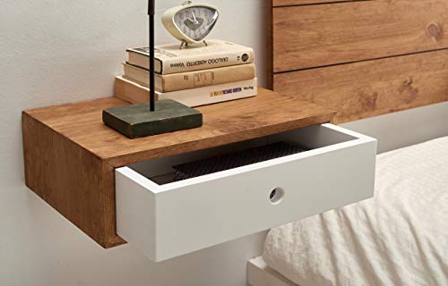 HOGAR24 EN- Pack 2 floating Nightstands Natural Solid Wood Waxed Finish White drawer front with 1 drawer Vintage Nordic style.  Measurements: Width: 45 cm x Depth: 30 cm x Height: 15 cm.