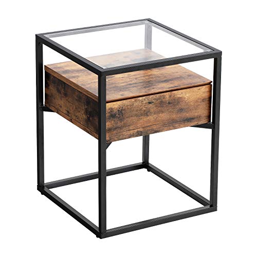 VASAGLE Industrial Style Side Table, Tempered Glass Console Table with Drawer and Rustic Shelf, Nightstand, Living Room Decor, Steel Frame, Rustic Brown and Black LET04BX