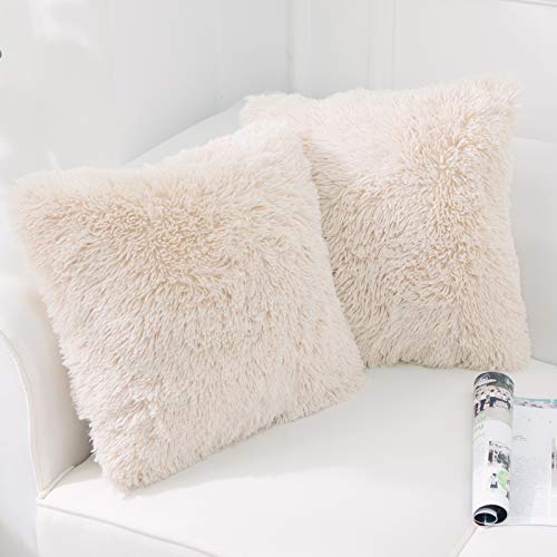 NordECO HOME 2 Pack Faux Leather Pillow Case Soft Cushion Covers Decorative Plush Pillow Case for Living Room Sofa Bedroom Car 45 x 45 cm Beige