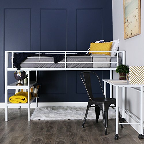 We Furniture Twin Loft Bed with Desk and Shelves, Black, Metal, White, Single Bed