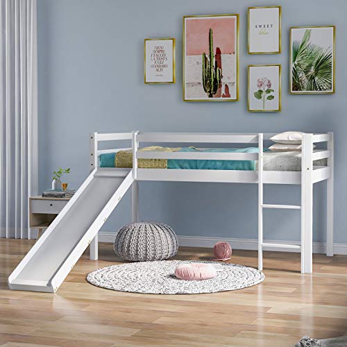 SANGDA Wooden Bunk Bed with Adjustable Ladder and Slide, Kids Bed Frame with Wooden Slide Half Bunk Bed for Office, Dorm, School or Home