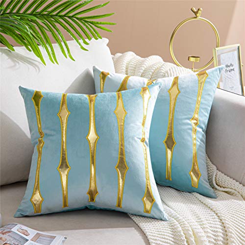 Set of 2 Velvet Cushion Covers with Decorative Golden Embroidery Soft and Thin Pillow with Concealed Zipper for Sofa Room and Office 50x50 cm Blue