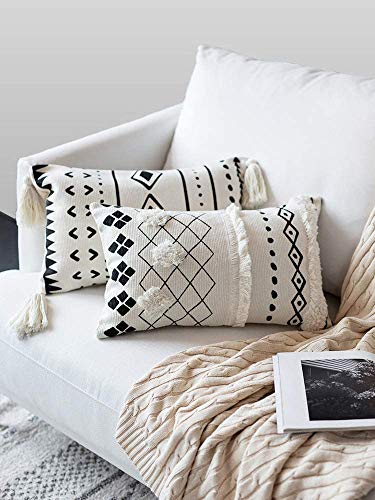 LOMOHOO Boho Throw Pillow Covers 12X20 Inch Lumbar Rectangular Decorative Pillow Case in Black and White for Sofa Couch Bedroom Living Room (1pc)