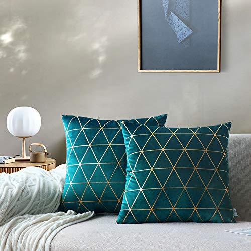 NordECO HOME 2 Pack Soft Gold Print Square Cushion Cover Pillow Case for Sofa Chair Bed Decorative Modern Home Decor Teal 45x45cm