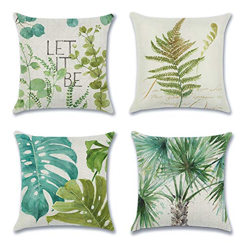 Artscope Soft Cushion Cover Polyester Linen Square Pillowcase for Sofa Bed Home Decor 45x45cm, Set of 4 (Green Leaves)