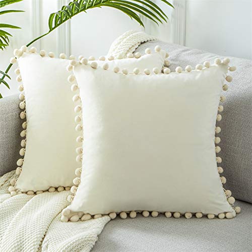 Topfinel Set of 2 Cushions Covers Velvet Decorative Home Pillows Covers with Solid Color Ball for Bed Sofas Living Room Bedroom Study Room Garden Car 45x45cm Cream