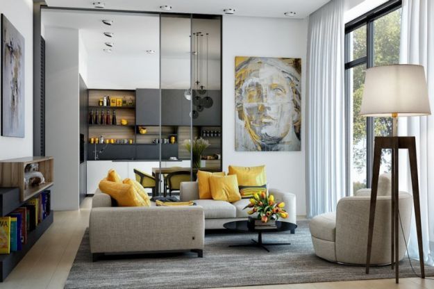 Furnish the living room in yellow and gray