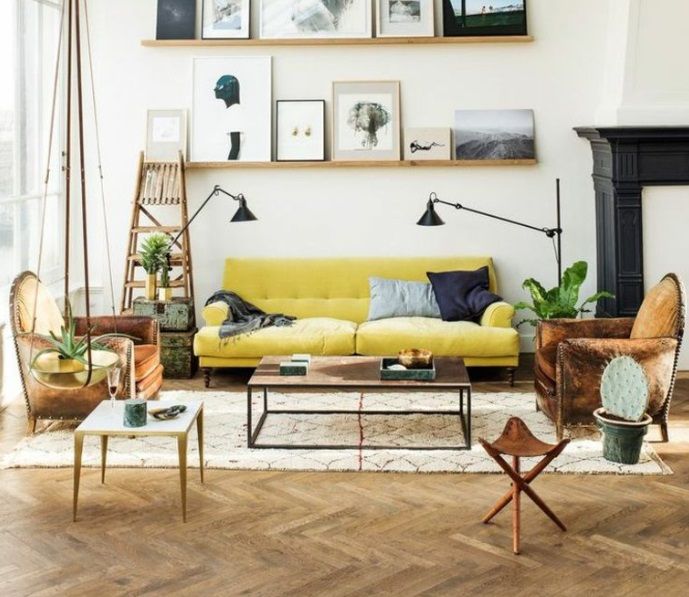 Yellow living room in vintage style