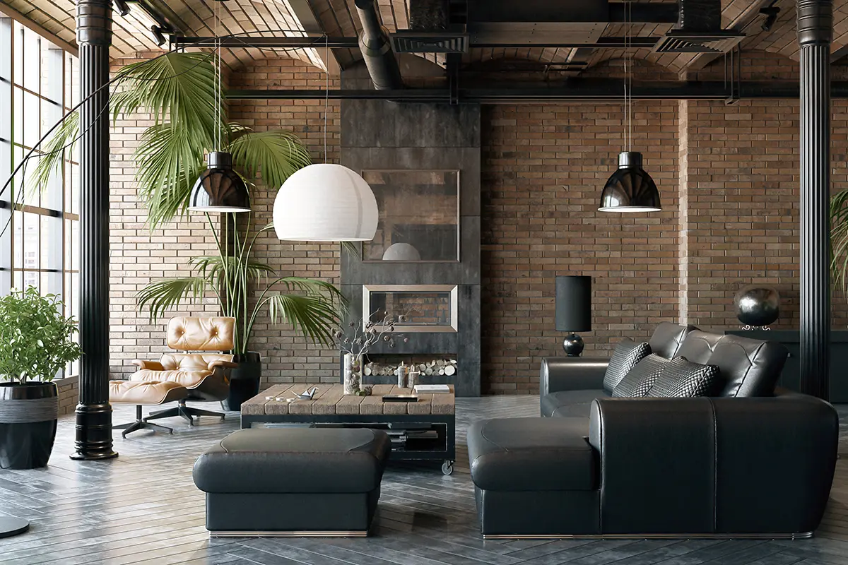 Living room loft in industrial style, 3d render