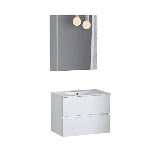 Baikal 280034130 Bathroom Furniture Set suspended to the Wall with reduced depth, with Basin and Mirror, Two drawers, Measurements, 16 Melamine, Matte White, 50 X 55 X 40 cm