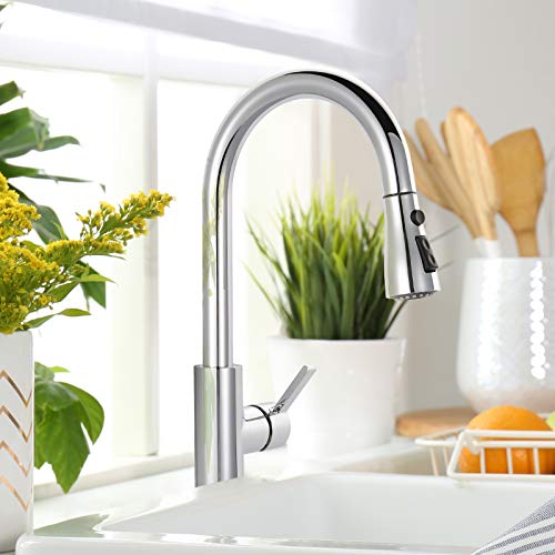 Kitchen Faucet, DALMO DAKF3F, Pull-out Kitchen Faucet with Swivel Spout 3 Spray Modes Pop-up Spout, Single Handle High Arc Pull Out, Stainless Steel Lead Free Kitchen Faucet