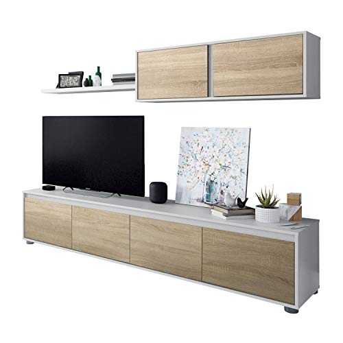 Habitdesign Modern Living Room Furniture, Dining Modules, Alida Model, Finished in Artik White and Canadian Oak, Measurements: 200 cm (Width) x 43 cm (Height) 41 cm (Depth)