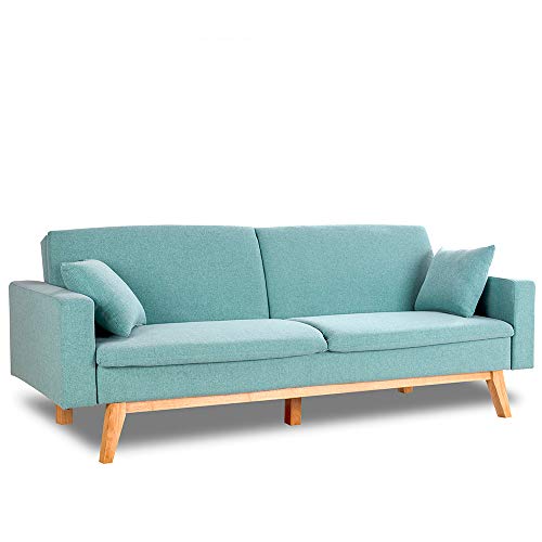 Don Descanso, Reine 3 Seater Sofa Bed, Upholstered in Fabric, Mint Green Color, Book Opening System or Click-clack, Sofa Measure: 206x74x83 cm, Bed Measure: 206x99x83 cm, Includes 2 Cushions