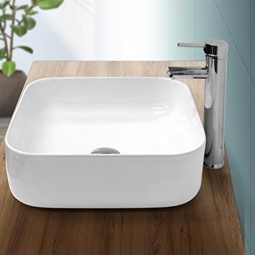 ECD Germany Square Ceramic Sink with Standard Connection Hole - White - Countertop Sink - 390 x 390 x 140 mm - Modern Design - Sink with Drain Kit - Enhance Every Bathroom or Toilet