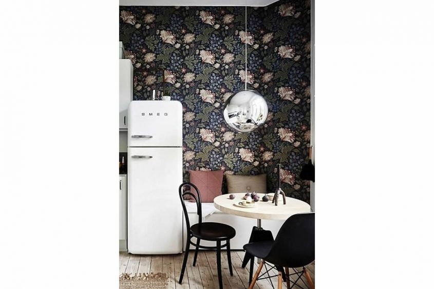 Kitchen wall with wallpaper