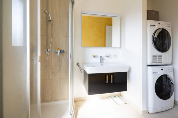 Modern bathroom with shower, black sink, washer and dryer