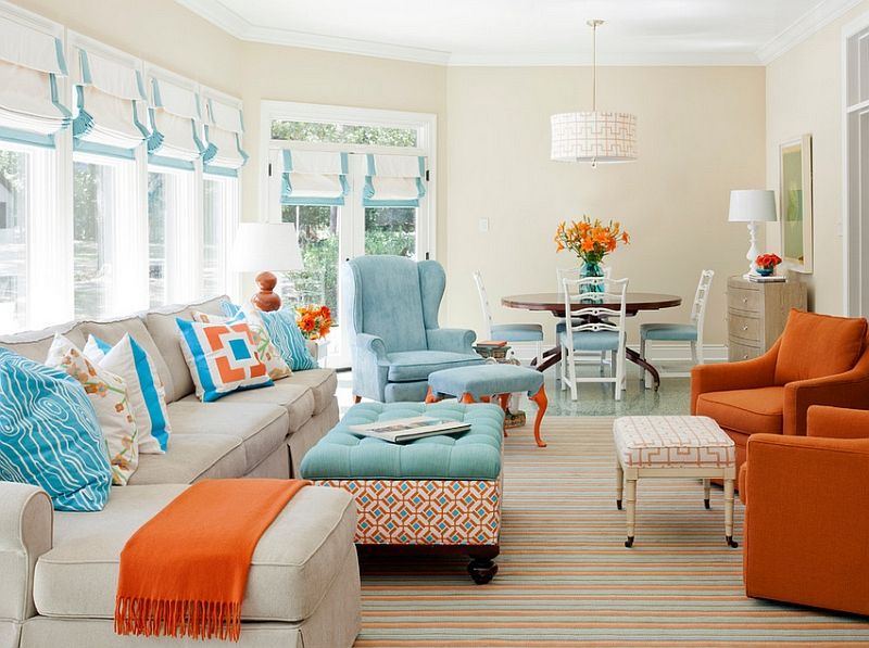 Turquoise and orange living room