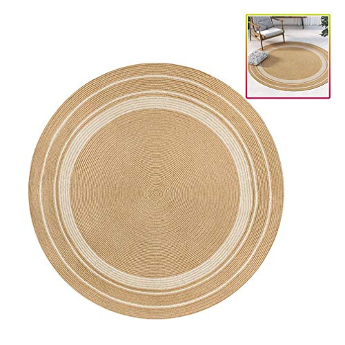 Takeashi Natural Round Jute Rug, Durable Hand Woven Living Room Rug, Sisal Living Bedroom Rug, Circular Farmhouse Floor Mat, Beige / White