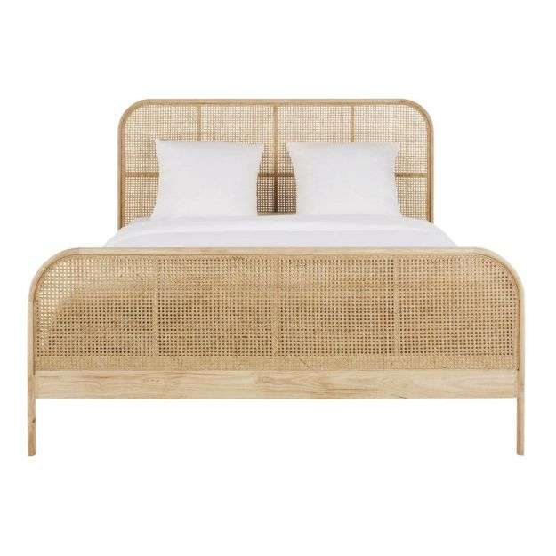 vintage bed in solid oak and rattan