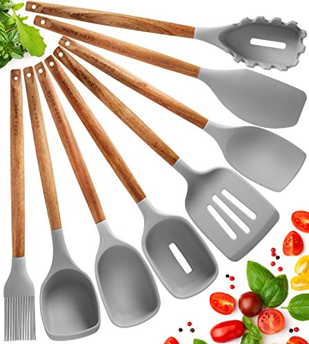 Silicone Kitchen Utensil Set - 8 Pieces Heat Resistant and Non-Stick Wooden Kitchen Utensils with Acacia Wood Handle - Silicone Kitchen Utensils Spatula Spoon Ladle