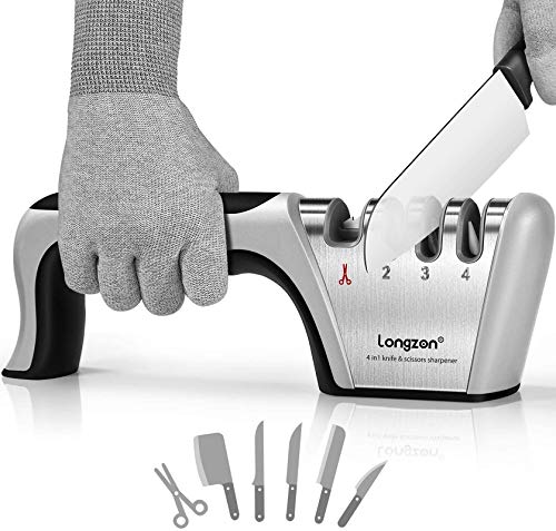 Knife Sharpener, Professional Knife Sharpener, Knife Sharpener, longzon 4 in 1 Manual Knife Sharpener for Kitchen with One Pair of Non-slip Gloves, for Knives and Scissors