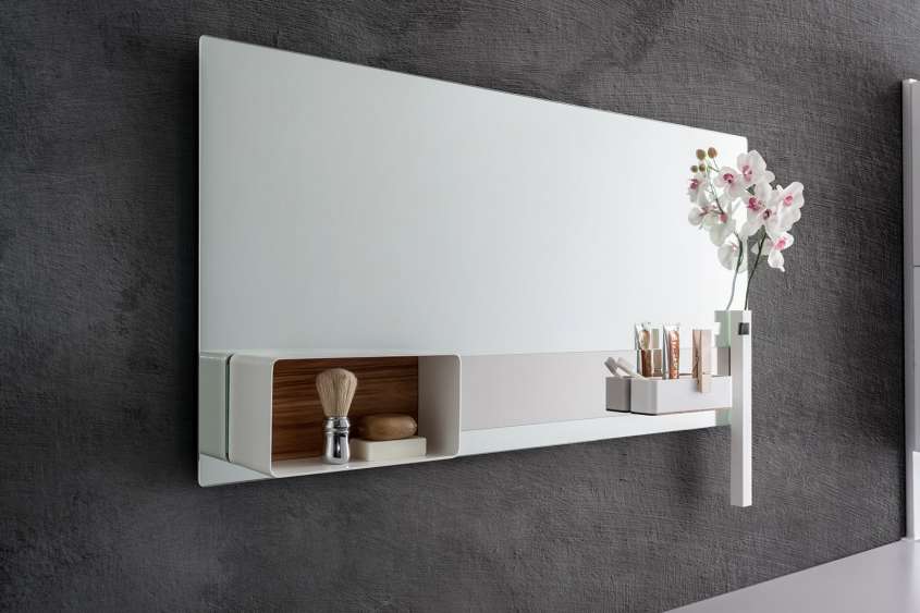 large mirror with shelves