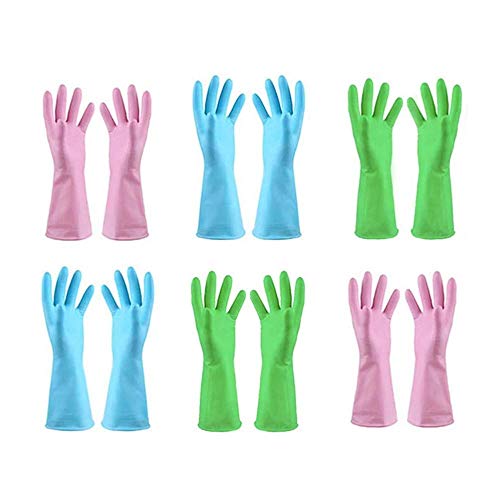 TopBine 6 Pairs Cleaning Gloves, Waterproof Rubber Kitchen Gloves, Reusable Dishwashing Gloves (6M)