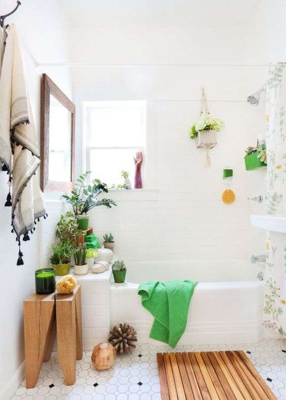 Bathroom with greenery towels