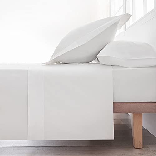 LA MALLORQUINA Cotton Top Sheet - Basic White (Bed 150 or 160 cm - 240x270 cm - White) 100% Cotton 144 Threads |  Breathable and Hypoallergenic |  Oeko-Tex textile