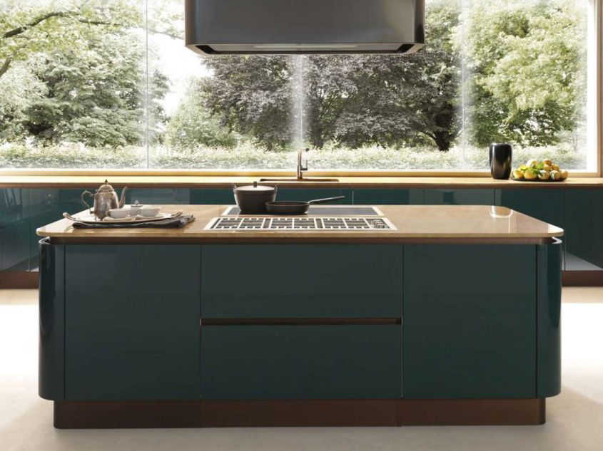 furnish kitchen with central island petrol green