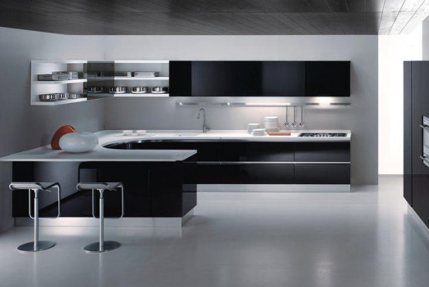 Black kitchen with white worktops