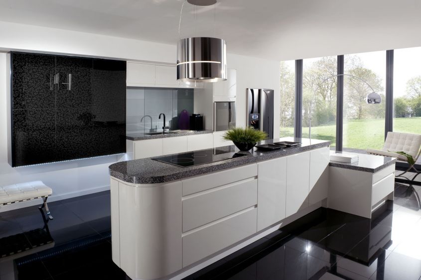 White kitchen and glossy black floor