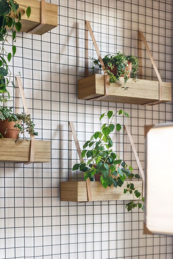 Suspended wooden boxes