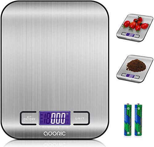 ADORIC Stainless Steel Digital Kitchen Scale, 5kg / 11 lbs, Multifunctional Food Scale, Kitchen Weight, Silver Color (Batteries Included)