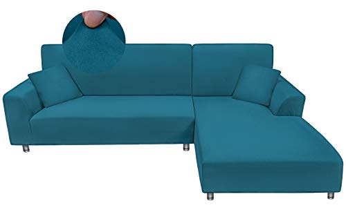 Taiyang L-Shaped Sofa Cover, 1 Piece Cover for 2 Seater Sofa (Covers for Sofa Chaise Longue Need Two), Comfortable Stretch Fabric with 1 Pillow Covers (2 Seats, Lake Blue)