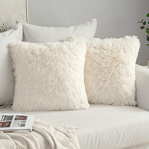 MIULEE Set of 2 Faux Fur Throw Faux Fur Cushions Cushion Cover Deluxe Home Decorative Square and Soft Fur Cushions For Home Sofa Bed 45x45cm Beige
