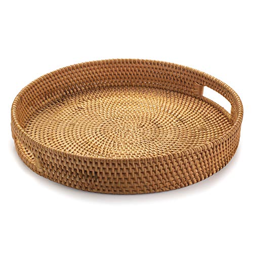 YANGQIHOME Round Rattan Tray with Handles, Decorative Woven Wicker Serving Tray for Coffee Table, 30 cm