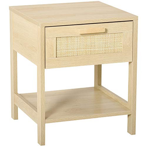 HOMCOM Bedside Table Side Table with Rattan Drawer and Lower Shelf Raised Base for Bedroom Living Room 40x40x48 cm Wood Color