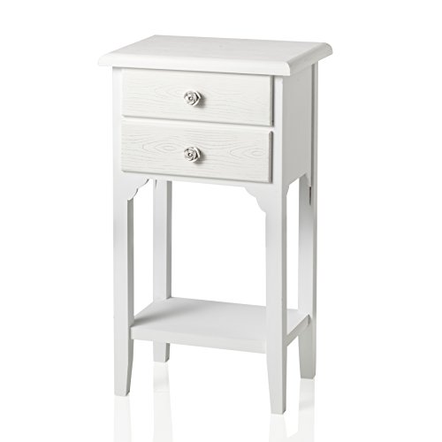 White shabby chic style bedside table with two drawers and a shelfBeautiful MDF wood bedside table decorated with handles with a resin rose design.Dimensions: 37 x 26 x 60 cm.