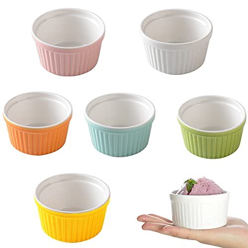 Set Molds for Soufflé, 6 Pieces Bowls for Creme Brulee in Porcelain, 150 ml Bowls for Desserts, Ramekins for Baking for Jams, Ice Cream, Desserts, Six Colors