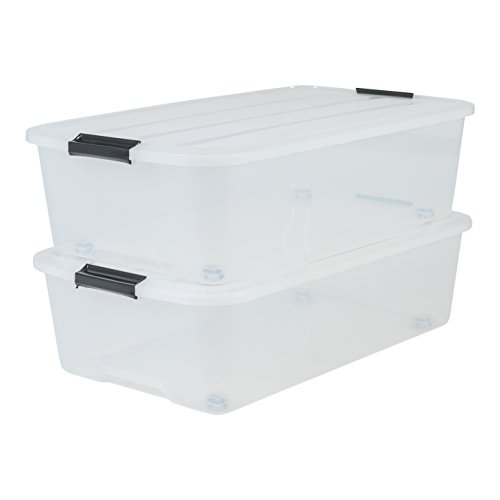 Amazon Basics, Set of 2 Under Bed Storage Boxes, 40L, Snap Lock, Wheels, Bedroom - Top Box Roller Tbu-40 - Transparent