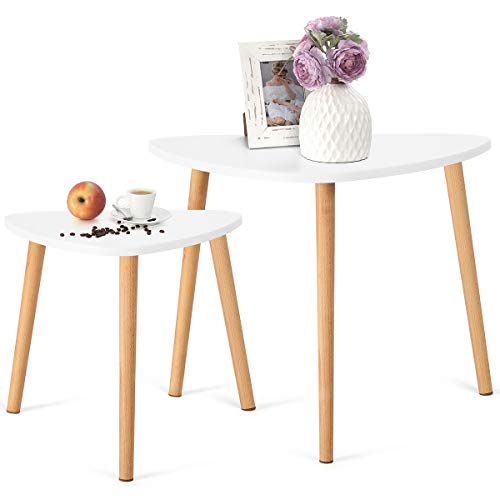 COMIFORT Side Tables Set - Nordic, Modern and Minimalist Style Nesting Tables, Very Resistant, Set of 2 Triangular Pieces, White Color and 100% Natural Beech