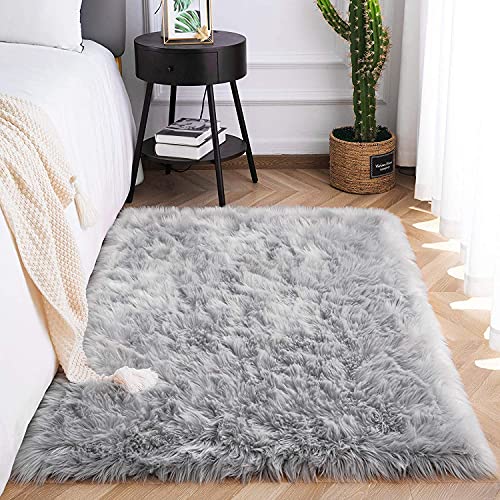 SXYHKJ Faux Fur Sheep Doormat Non-slip Carpet Luxurious Soft Artificial Wool Carpet for Living Room Bedroom Bathroom Sofa Chair Cushion (Gray, 60x90cm)