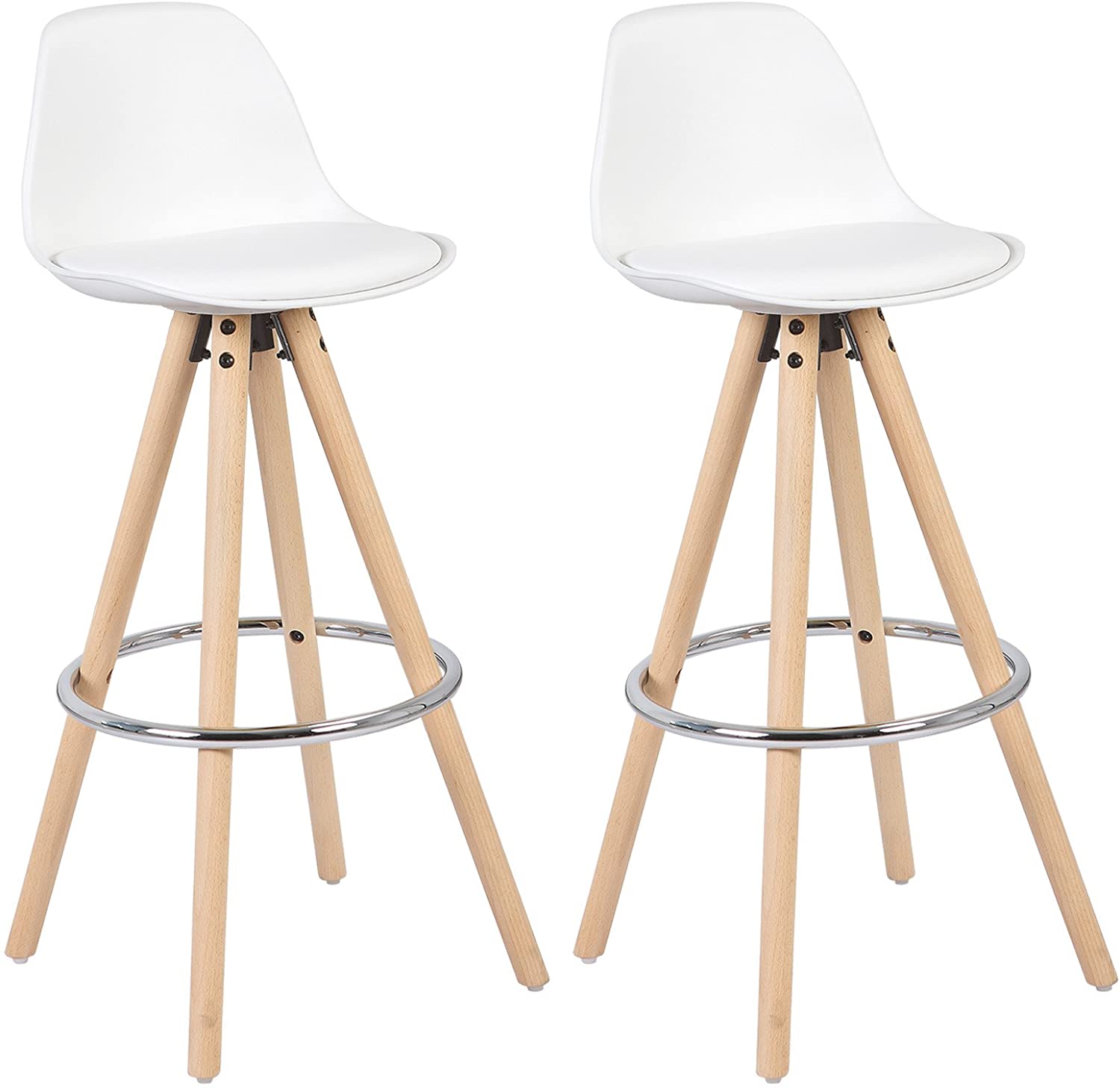 WOLTU® 2 x Bar Stool with Back, Solid Wood Frame Imitation Leather, for Kitchen, Bar, 2-Pack White
