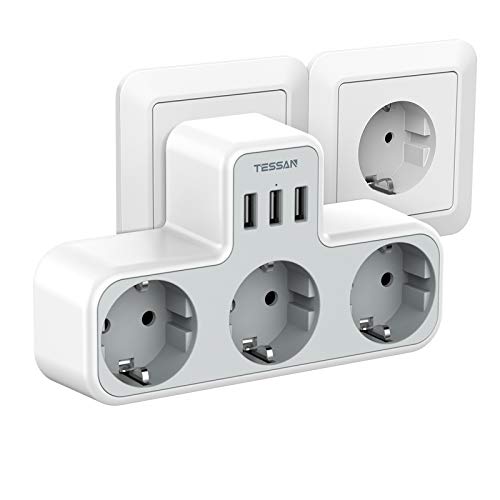 TESSAN Thief USB Plugs, Multiple USB Plug with 3 Schuko Plugs 3 USB Ports, USB Wall Plug Adapter for Office, Kitchen, Compatible with Mobile Phones, Triple USB Wall Plug White and Gray
