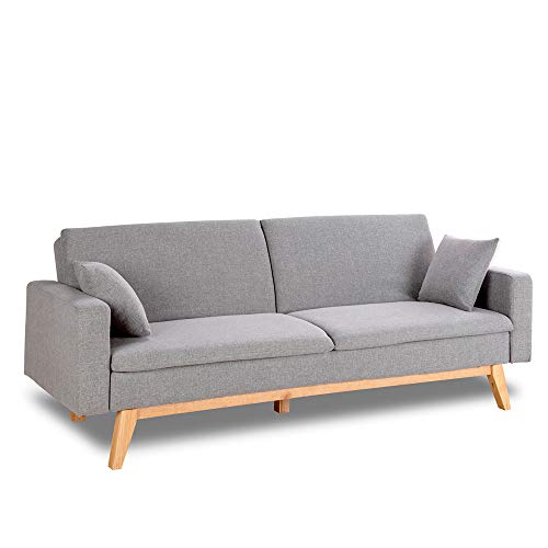 Don Descanso, Reine 3-Seater Sofa Bed, Upholstered in Fabric, Light Gray Color, Book Opening System or Click-clack, Sofa Measure: 206x74x83 cm, Bed Measure: 206x99x83 cm, Includes 2 Cushions