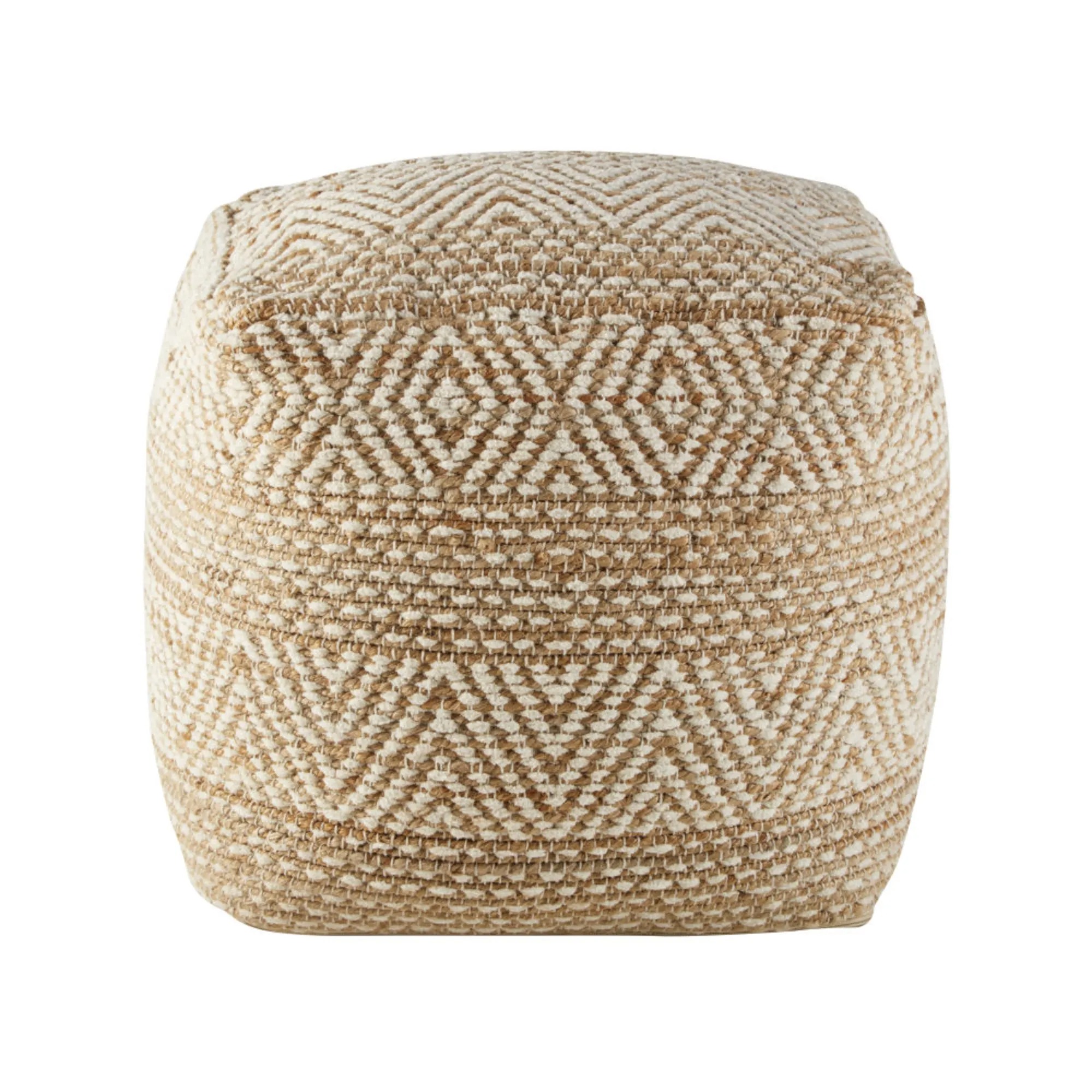 SINBAD.- Beige and white jute and cotton pouf with graphic motifs