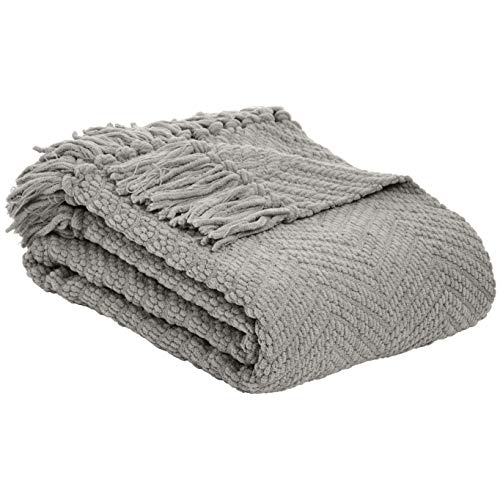 Amazon Basics - Fringed Knit Blanket - Light Gray, 130 x 150 cm